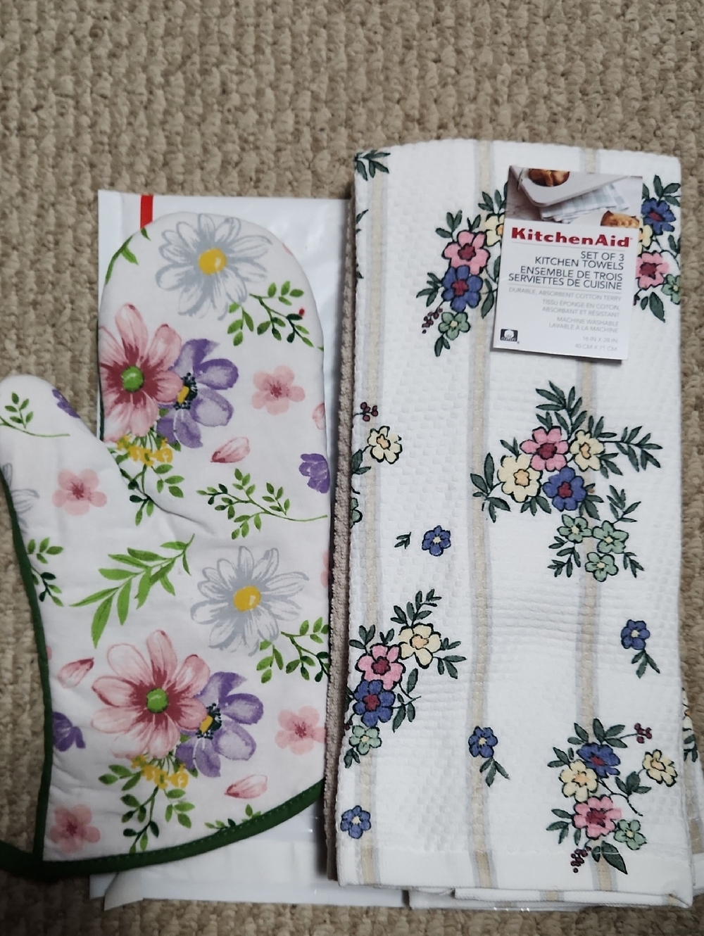KitchenAid White Floral Waffle Weave Kitchen Towels And An Oven  Mit.